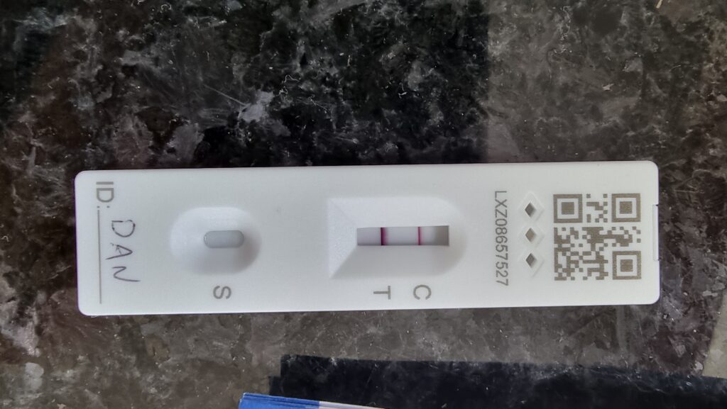 Lateral flow test, with "DAN" written on it, showing a solid control line and a very clear solid test line: a clear positive result.