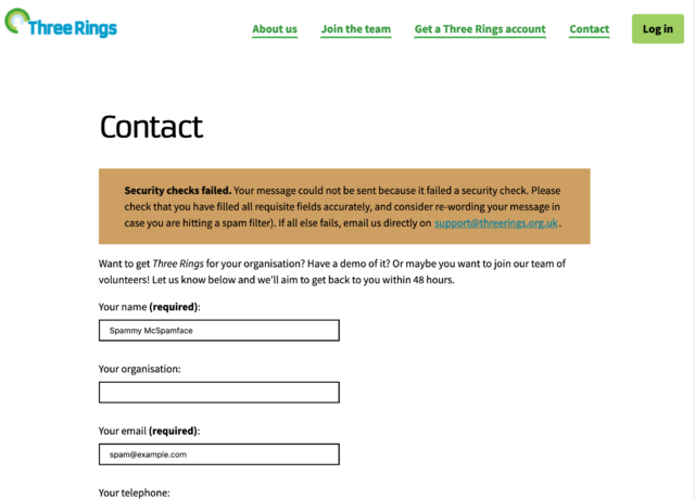 Three Rings contact form filled by Spammy McSpamface, showing a 'Security Checks Failed' error message and tips on refining the message. 