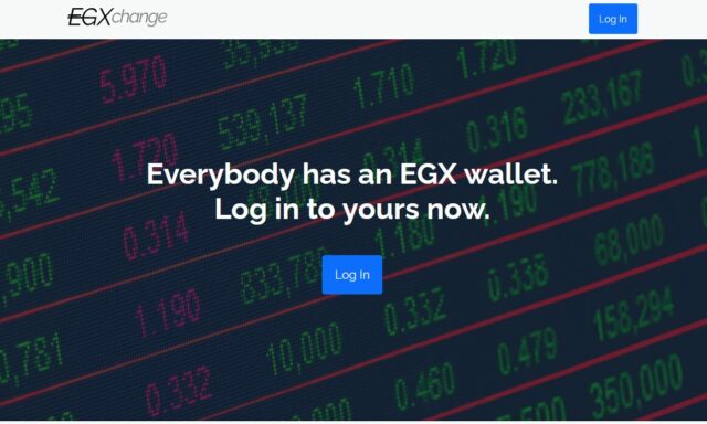 Screenshot showing EGXchange, saying "everybody has an EGX wallet, log in to yours now".