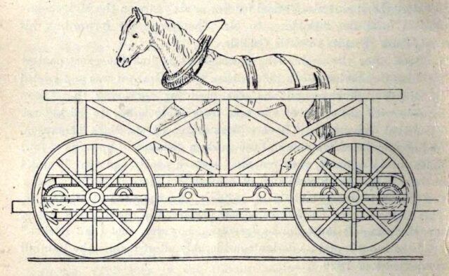 Thomas Shaw Brandreth's "Cycloped", a locomotive powered by a treadmill on which a horse walks.