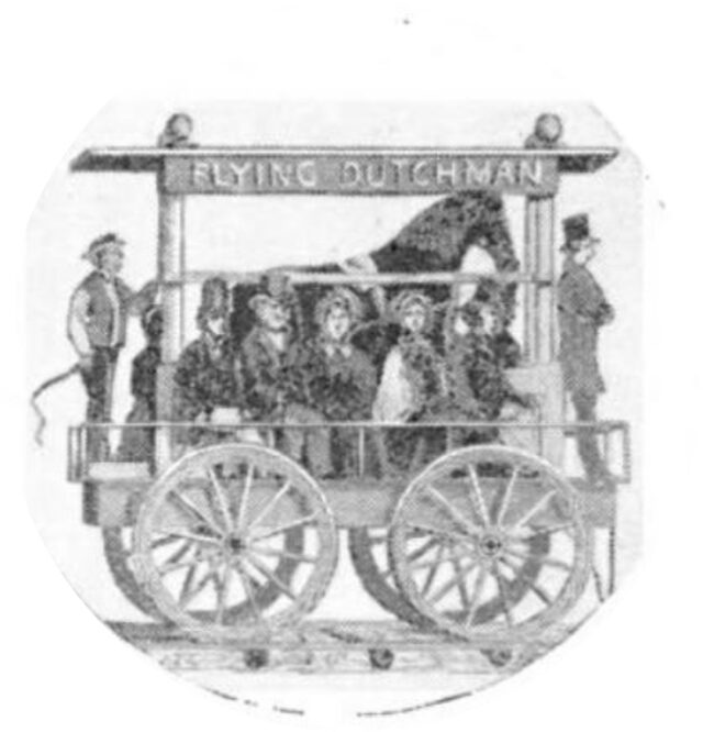 A railway carriage containing 12 passengers, two operators, and a horse, the latter of which powers the vehicle.