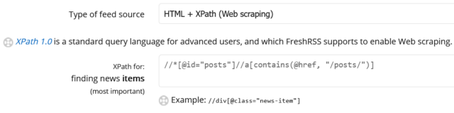 FreshRSS XPath feed configuration page showing my new query in the appropriate field.