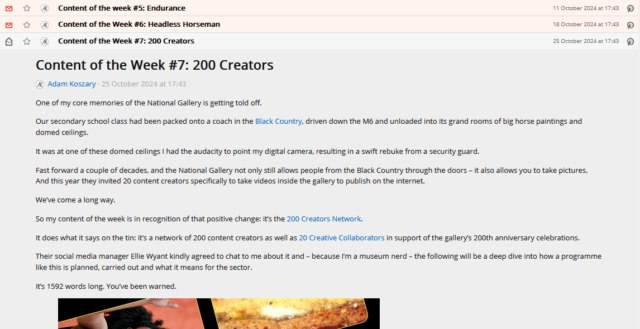 Adam's blog post "Content of the Week #7: 200 Creators" viewed in FreshRSS.