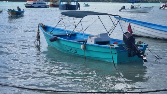 Small six-seater day boat named 'Cariad', afloat. The letter I is dotted with a heart symbol.