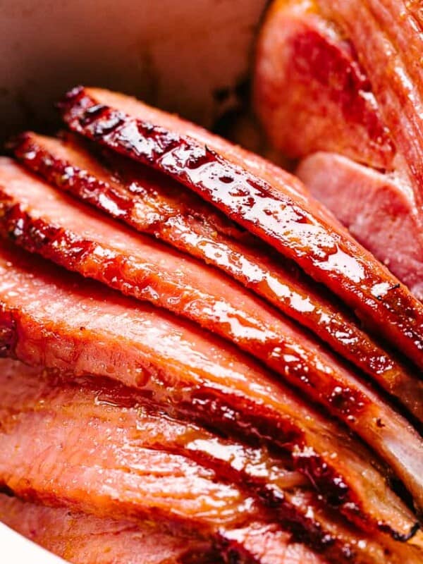 Close up of spiral cut honey glazed ham slices.