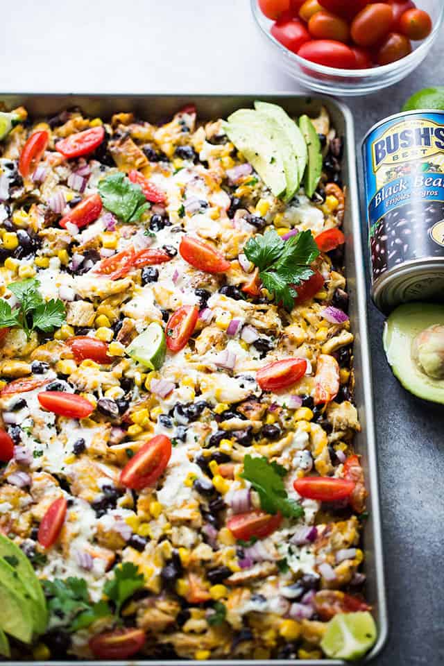 Overhead view of sheet pan chicken nachos.