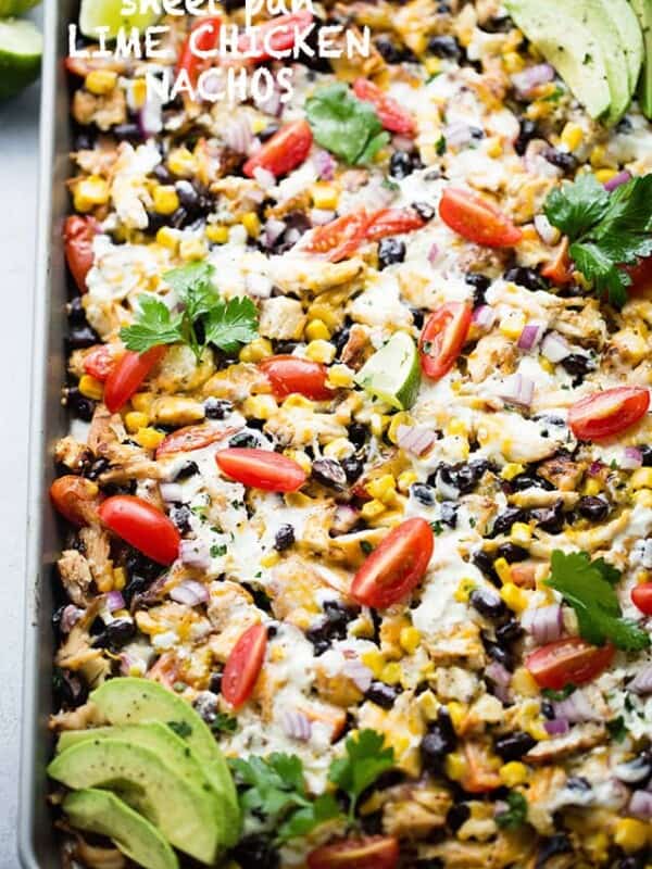 Overhead view of sheet pan chicken nachos.