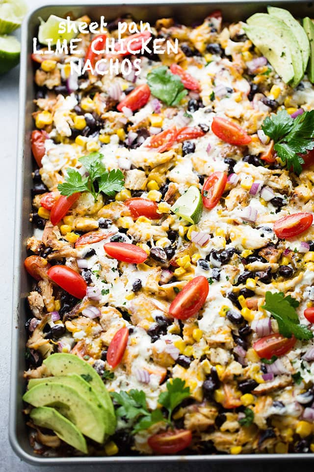 Overhead view of sheet pan chicken nachos.