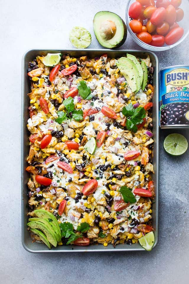 Overhead view of sheet pan chicken nachos.