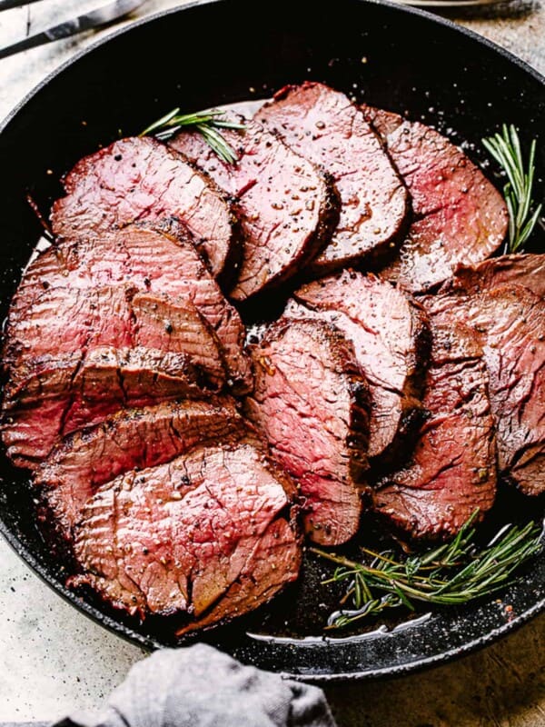 Cooked beef tenderloin in a skillet.