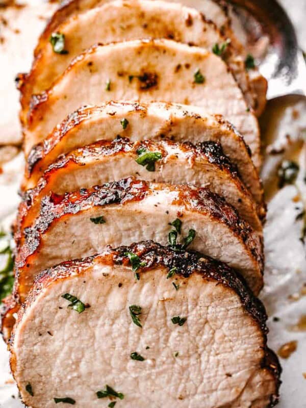 Cooked and sliced garlic balsamic crock pot pork loin