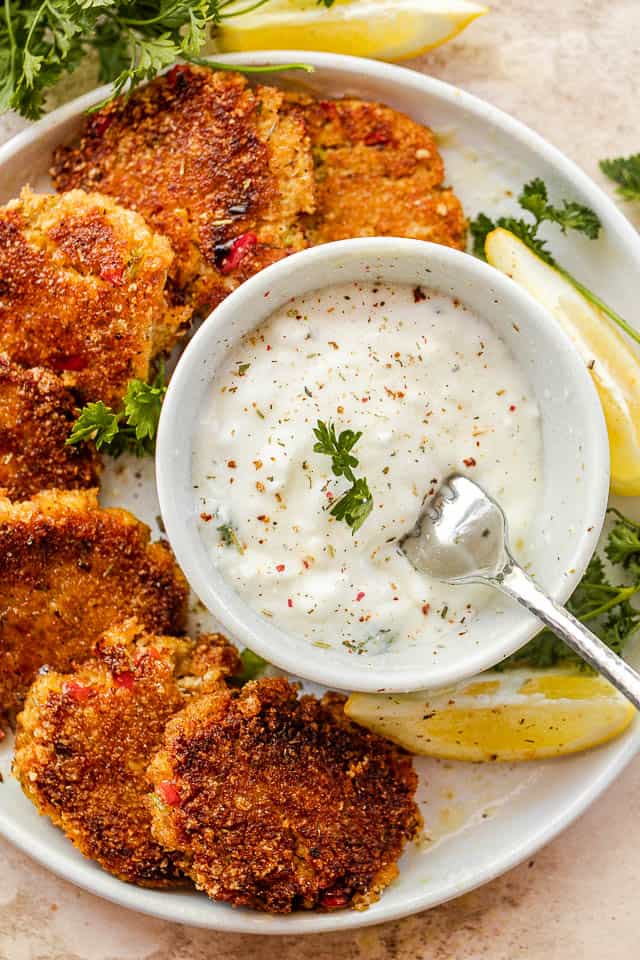 close up shot of yogurt dip in a white bowl