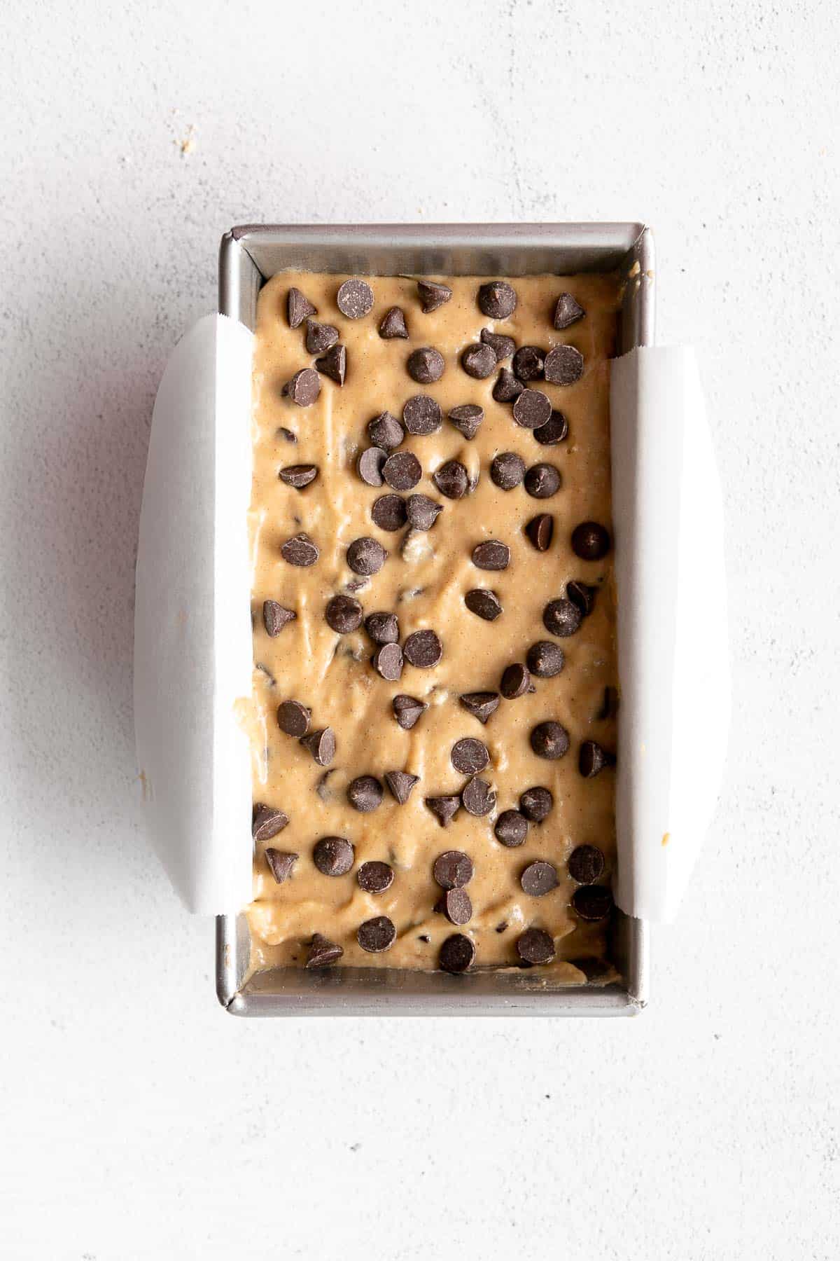 banana bread batter in a loaf pan before baking