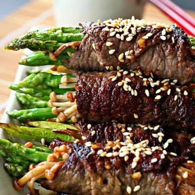 Enoki and Asparagus Beef Rolls