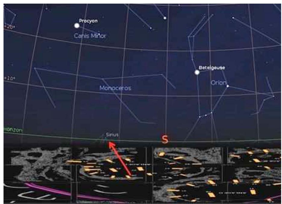 Fig 4. The faint star Sirius as it would have appeared rising on the southern horizon in 9400 BC. 