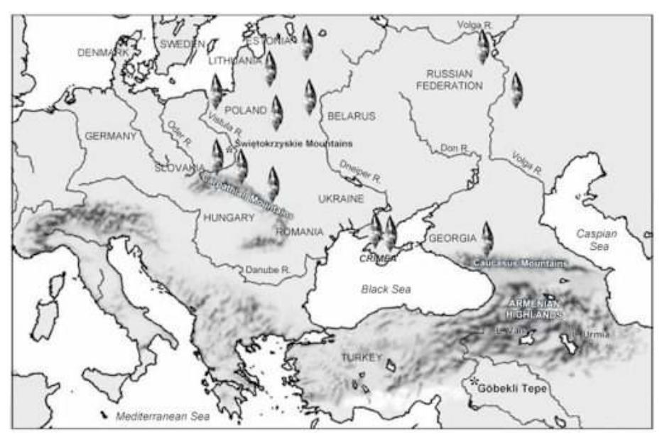 Fig. 16. Map showing the distribution of Swiderian tanged points found in Central and Eastern Europe during the tenth and eleventh millennia BC.  technology, but the Swiderians also established sophisticated mining operations, some of the only accepted examples from the Paleolithic age, within the Swietokrzyskie (Holy Cross) Mountains of central Poland. Here they extracted “exotic” forms of flint, as well as hematite, used as ochre. Long distance trading routes were established to transport stone tools and pre-form cores across hundreds of miles. Thus there is little question that the Swiderians were among the first miners anywhere in the world. More importantly, they walked the earth both during and in the aftermath of the proposed Younger Dryas impact event.  Obsidian Obsession 