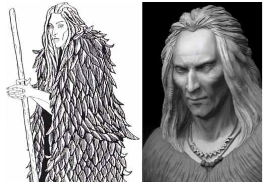 Fig. 19 & 20. Left, a Watcher by artist Billie Walker John drawn in 1995, based on descriptions offered in Enochian material. Right, artist Russell M. Hossain’s 3D sculpt based on Billie Walker John’s original (Pic credits: left, Billie Walker John/Andrew Collins & weks Darcwsll Ad Tinsawse}  Then we come to the impact Gobekli Tepe had on the earliest Semitic peoples of North Mesopotamia. Their oral traditions would one day be carried into the land of Canaan by the first Israelites and recorded down in religious works such as the book of Enoch and the book of Giants. In these so- called Enochian texts the prime movers behind the construction of Gdbekli Tepe, and the subsequent Neolithic revolution, are described as tall, pale-looking human angels called Watchers (see Fig. 19 & 20), who wear feather coats, have visages like vipers (that is, they have long facial features), and are occasionally described as Serpents (indeed, one Watcher is named as the Serpent that beguiled Eve in the Garden of Eden). 