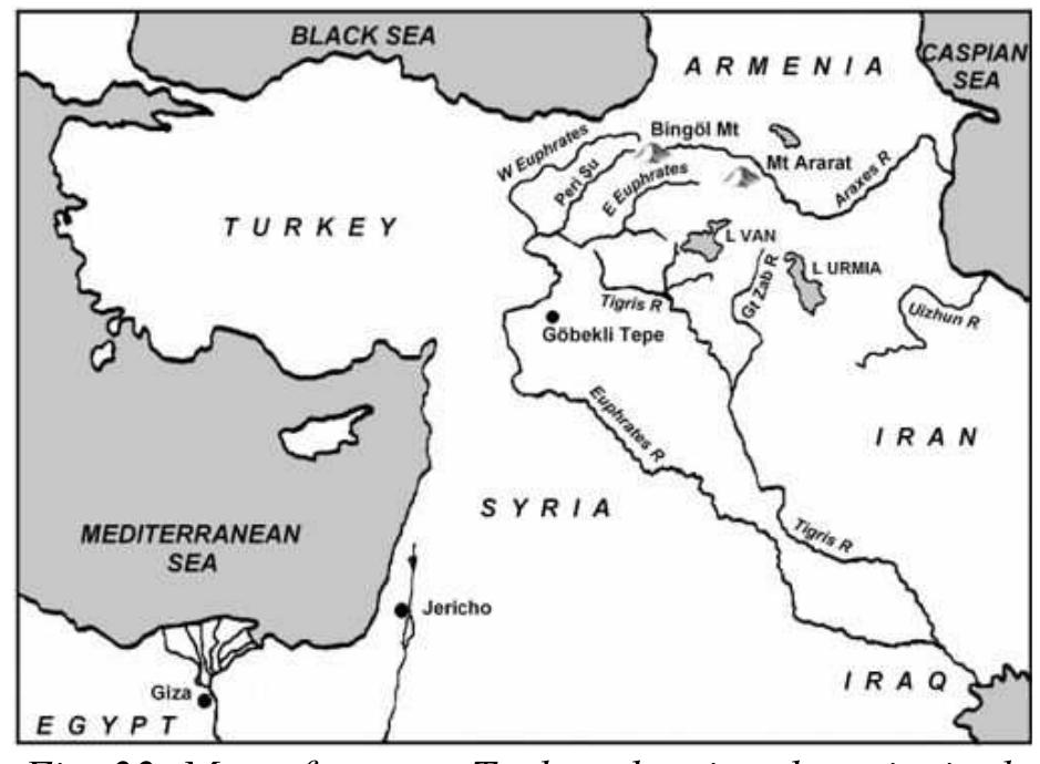 Also just 180 miles (290 kilometres) from Gébekli Tepe is the original “Place of Descent” where, according to tradition, Noah’s Ark came to rest following the great flood, the story told in the book of Genesis. This is Mount al-Judi, the modern Cudi Dag, which rises above the town of Cizre in southeast Anatolia, and not Mount Ararat further north in Armenia, which only received its status as “Place of Descent” in the fifth century AD. In Muslim, Syriac and Kurdish tradition, the true Place of Descent is Mount al-Judi. It is here that Noah and his family began the process of repopulating the world after the deluge that nearly destroyed the human race. 