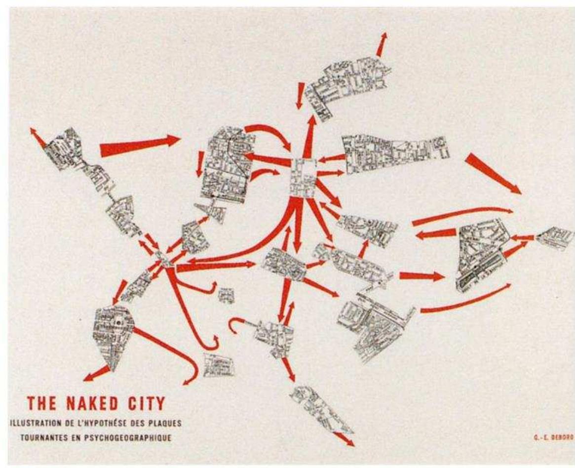 Figure 3 Guy Debord with Asger Jorn, The Naked City: illustration de ’hypothése [sic] des plaques tournates er  diagrammatic city that represented the image of the city.  Los Angeles 