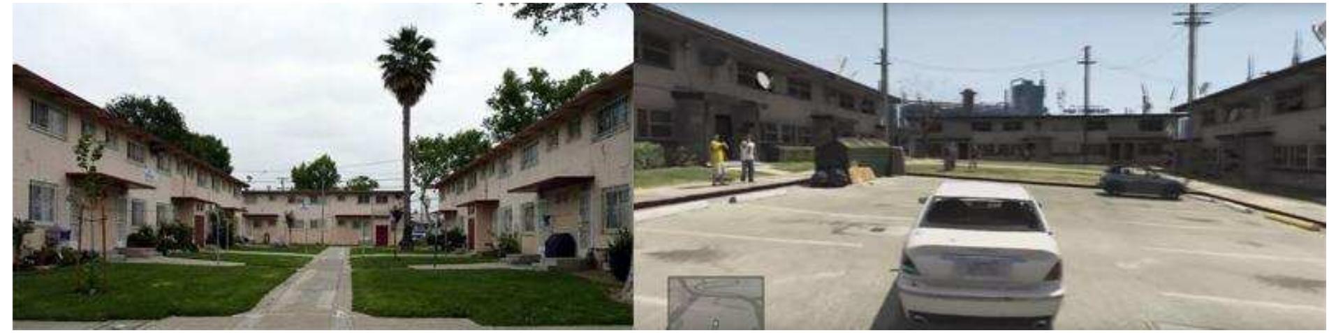 Figure 7 “A Comparison of Nickerson Gardens (Left) with South Los Santos housing complex (Right)” 2015.  landmark of violence and gangs as an anchor point in which to portray South Los 