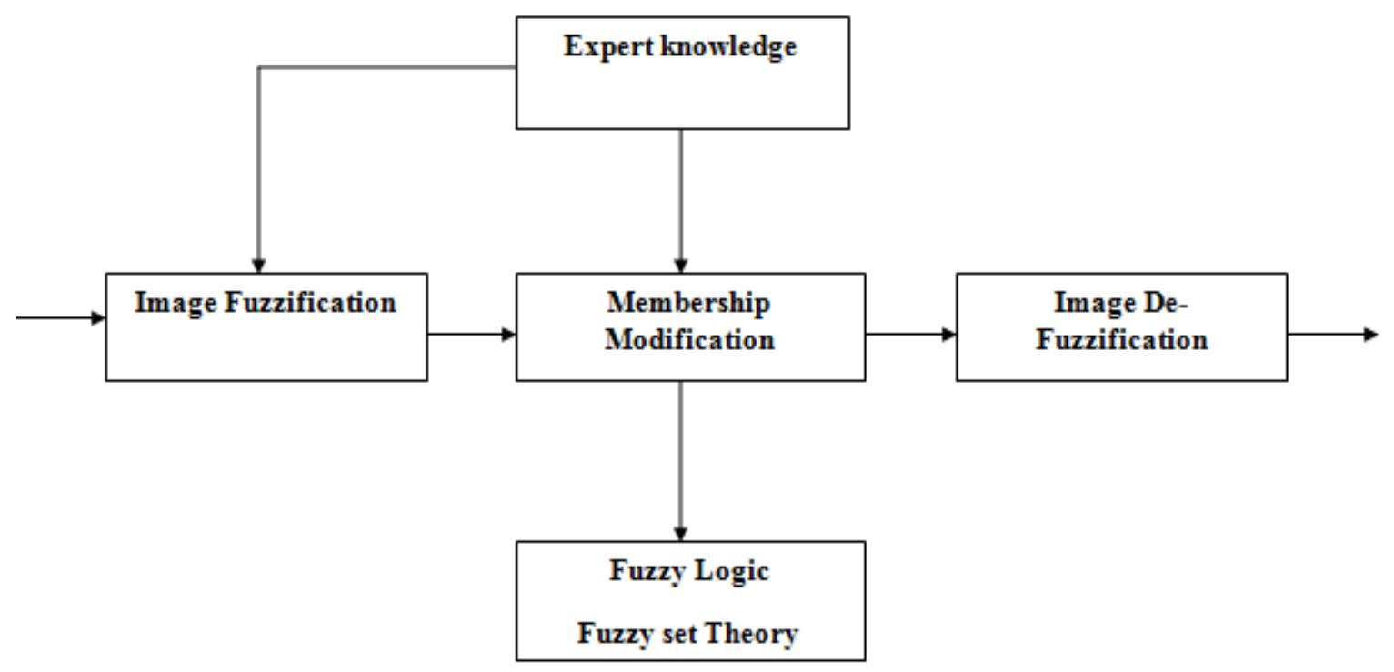 Maps (FCM) is one of the reasonable clustering techniques in Medical Image Segmentation mainly for Magnetic Resonance Imaging (MRI). Fuzzy C-mean Algorithm gives the better results in image segmentation [12].The general structure of Fuzzy logic algorithm is shown in Figure 3.  means strategies can improve remote sensing image using Threshold Segmentation with fewer iterations time, good stability and robustness [11]. This method mainly depends on the mean of each bunch and gathering similar information characteristics into one group. Fuzzy Cognitive  Figure 3: The General Structure of Fuzzy Based Image Segmentation 