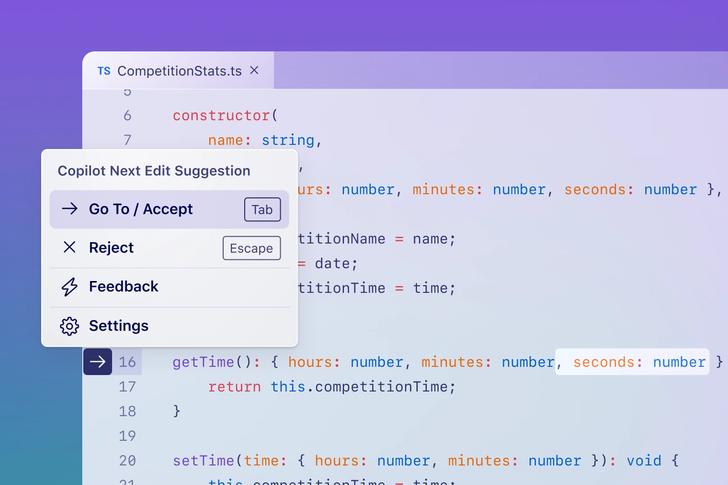 Active popover above the arrow button indicator in front of a line of code with the options: Go To/Accept (tab key), Reject (escape key), Feedback, and Settings.