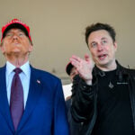 Image of Elon Musk watching rocket launch with Donald Trump.