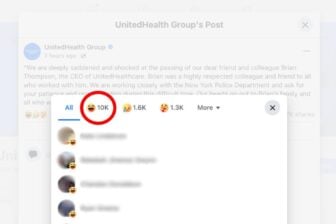 Screenshot showing the laughing emojis on a Facebook post by UnitedHealth about the death Brian Thompson.