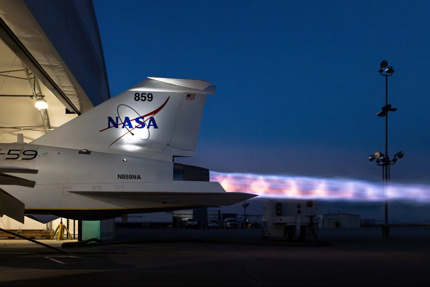 The X-59's Mach diamonds during maximum afterburner testing.