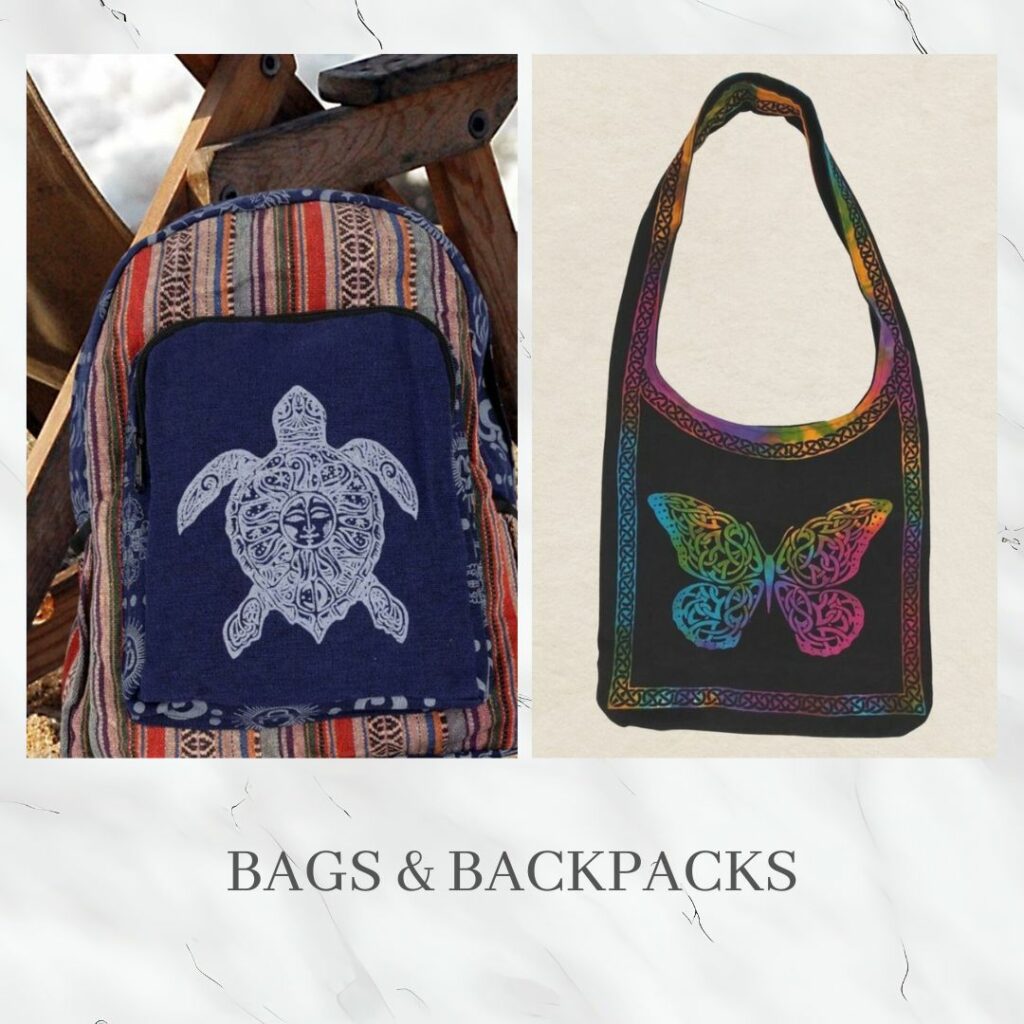 An image of our Navy blue Sea Turtle Backpack and our Celtic Tie Die Butterfly Bag. The link in this image takes you to all of our bags. 