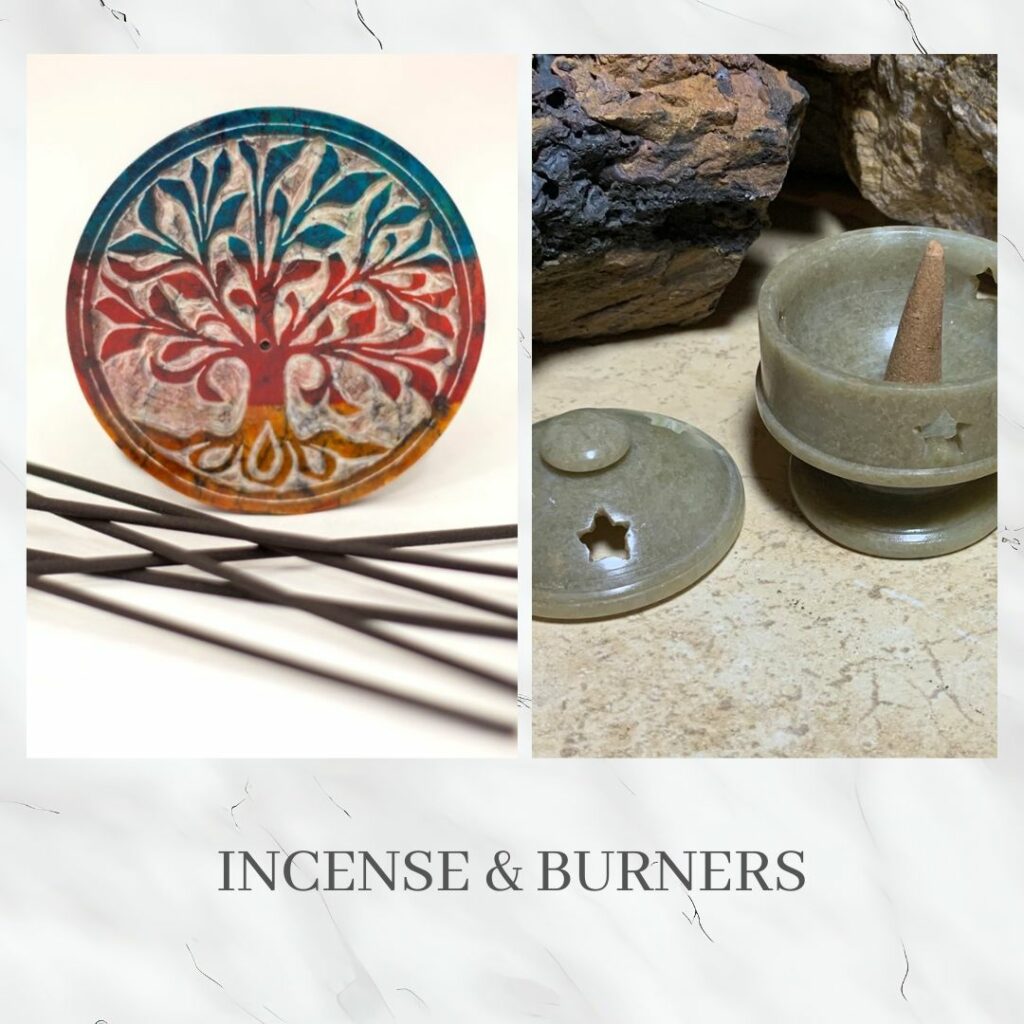 An image of a hand carved soapstone tree of life incense burner with incense stick and an image of a soapstone incense cone holder. The link in this image takes you to all of our incense and burners