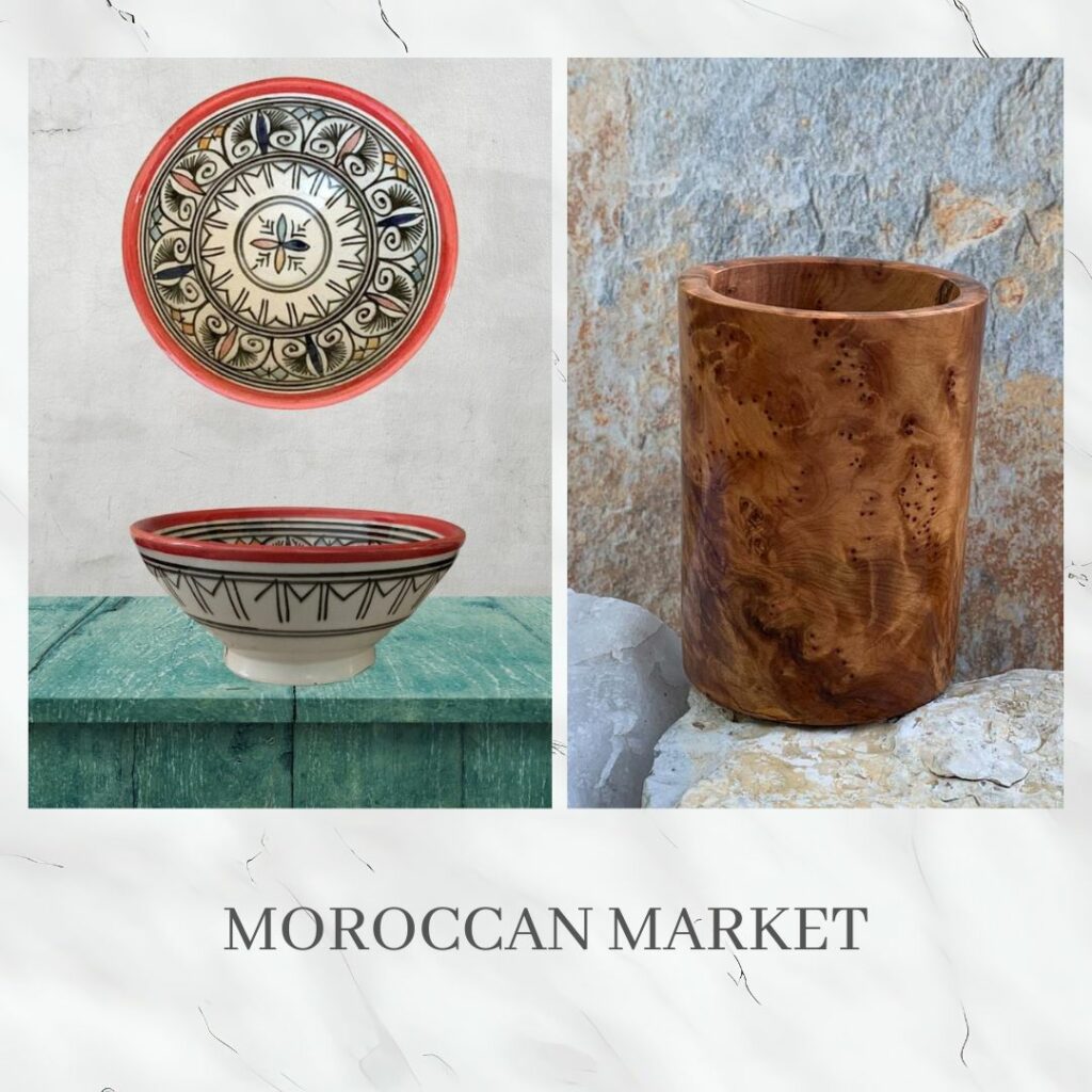 An image of a piece of Moroccan Pottery and a Moroccan Thuya Wood Pencil Holder. The link in this image takes you to all items in our Moroccan Market