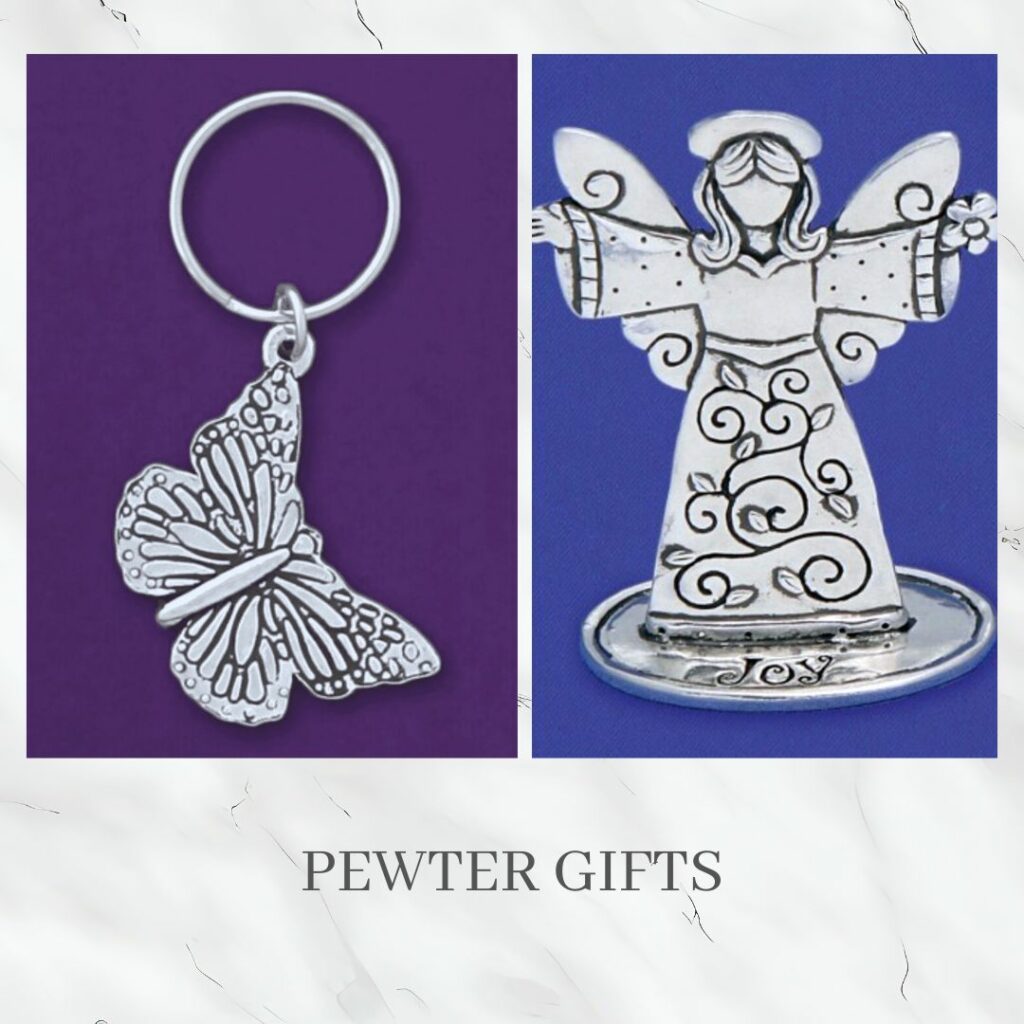 An image of a pewter butterfly keychain and a pewter angel figure. The link in this image takes you to all of our pewter gifts