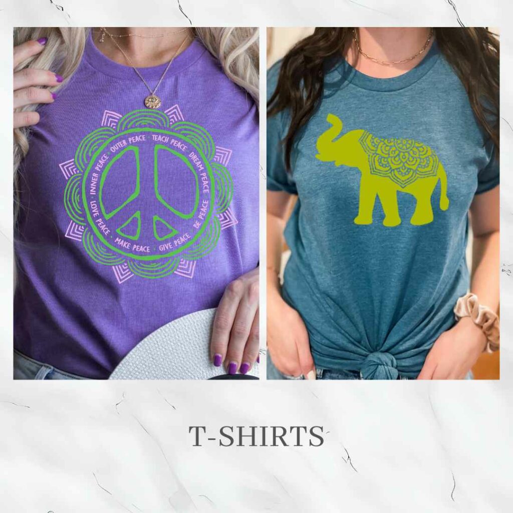 An image with our purple Peace T-Shirt and our Blue and Chartreuse Elephant Mandala T-Shirt. The link in this photo takes you to all of our T-Shirts