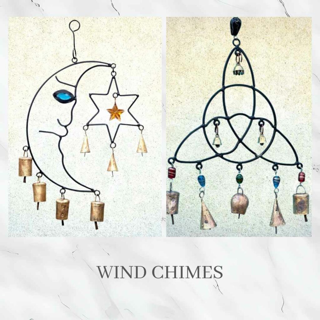 An image of an iron moon and star wind chime and an iron Celtic Trinity wind chime. The link in this image clicks through to all of our wind chimes