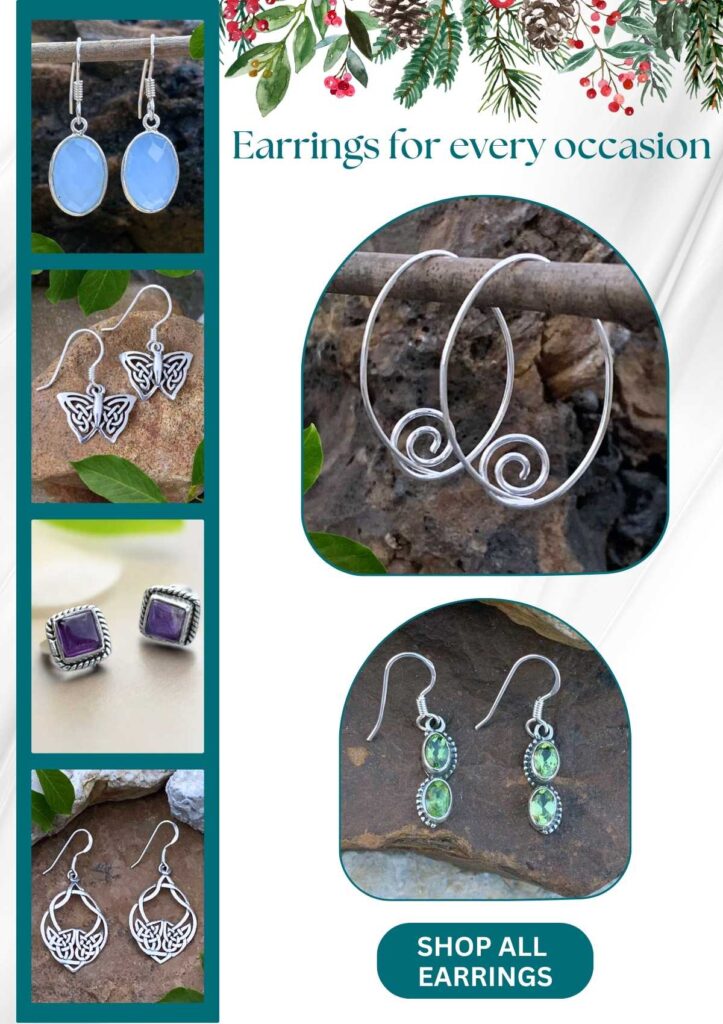 An image of gemstone and sterling silver earrings. Clicking this image takes you to the full selection of earrings