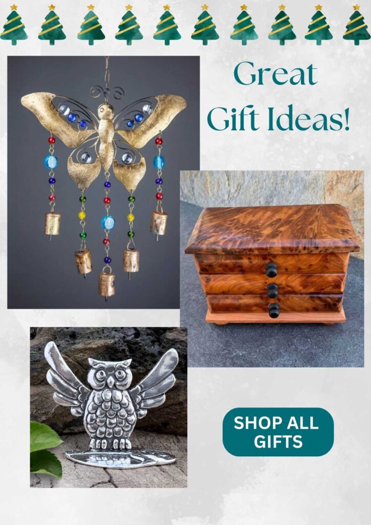 An image of a butterfly wind chime, a Moroccan Thuya Wood mini chest, and a pewter owl ring holder suggesting Great Gift Ideas. Click the image to go to all gifts.