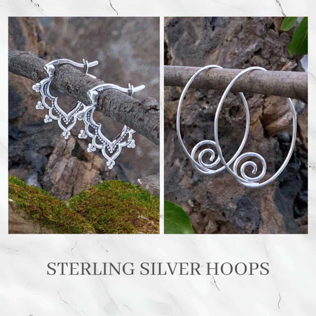 an image with two pairs of sterling silver hoop earrings. Clicking the image takes you to the full collection of hoop earrings