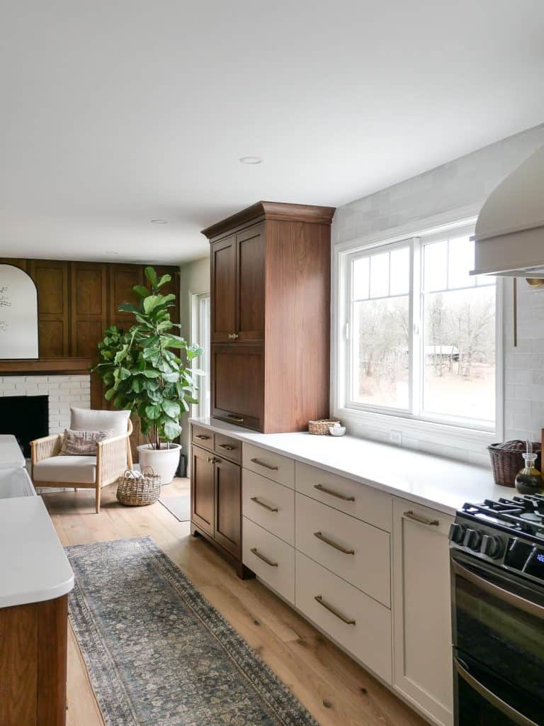 70s kitchen remodel before and after with walnut cabinets.