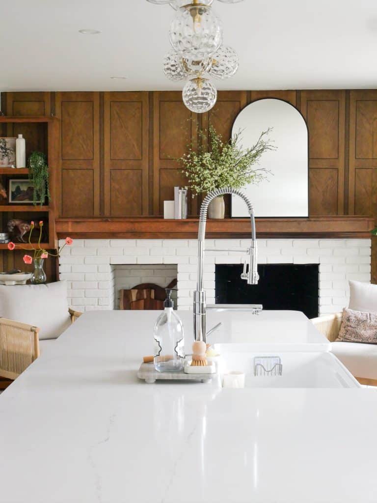 White quartz countertop on kitchen island.