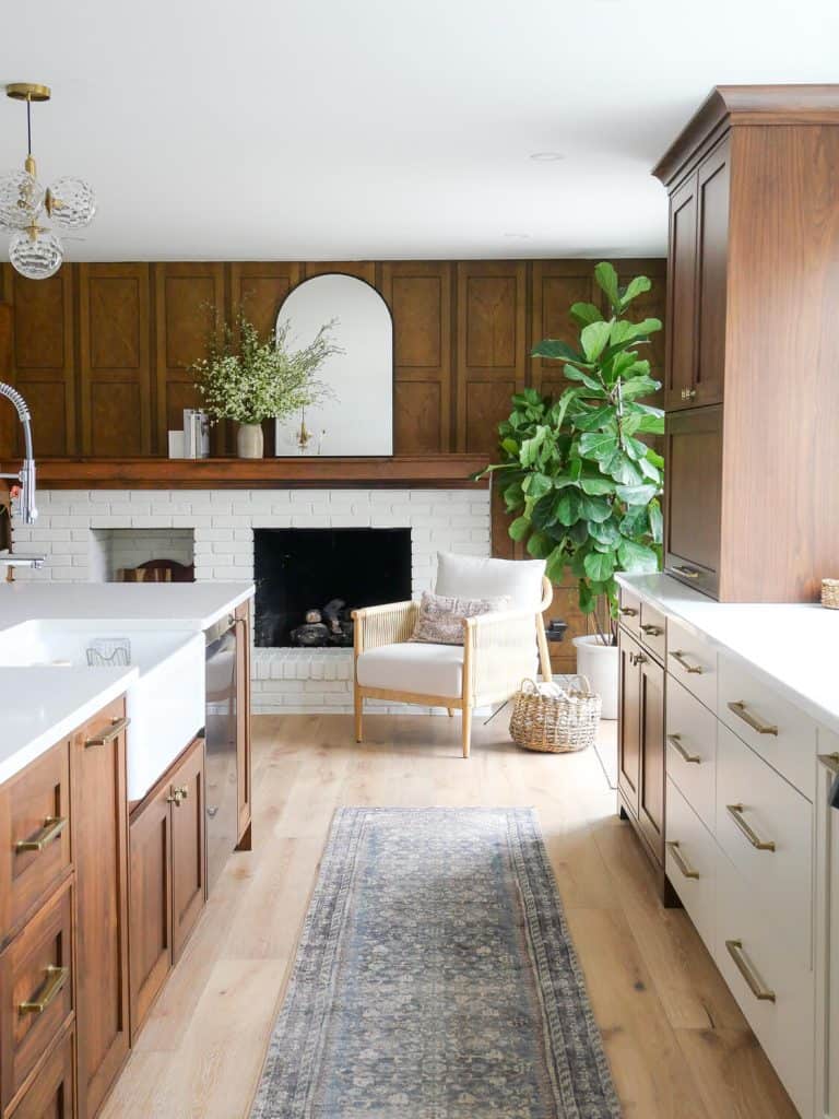 Brick fireplace in a 70s kitchen remodel.