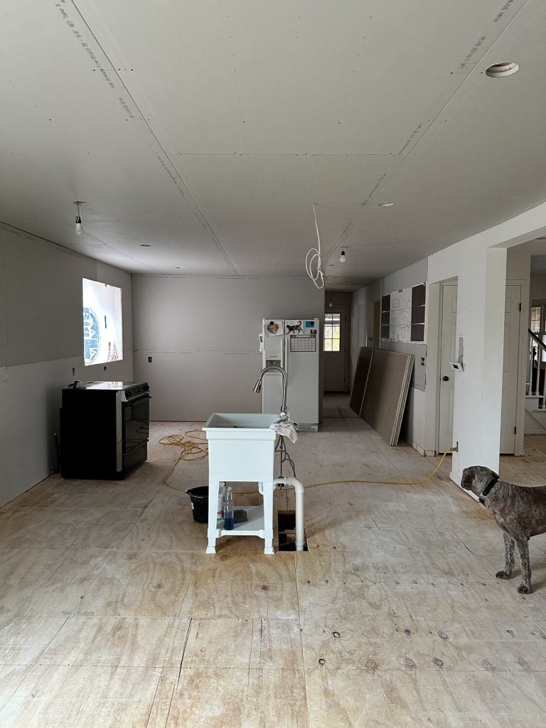 Drywalled kitchen.