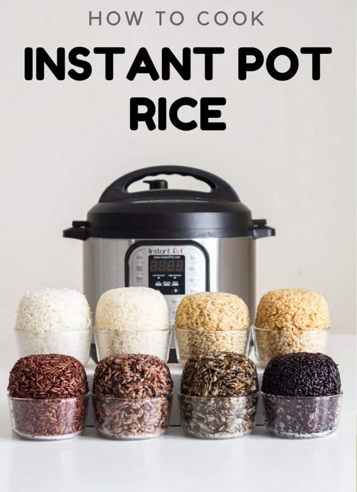 8 small bowls with different types of cooked rice placed in front of an Instant Pot