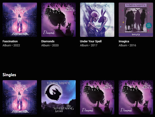 Screenshot of album covers that all have a purple-ish, goth aesthetic