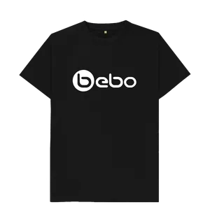 White design on a black T-shirt: The logo of the twotime defunct social media company Bebo