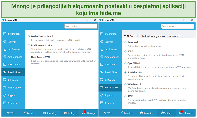 screenshot showing protocols available with hide.me free and all the customization options for each protocol