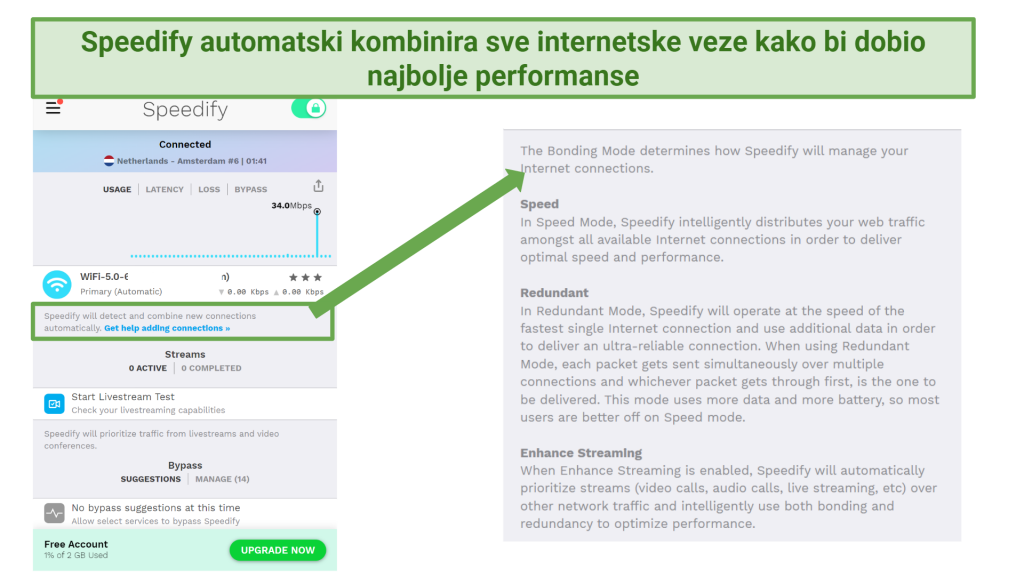 Screenshot showing bonding mode on Speedify's free VPN app