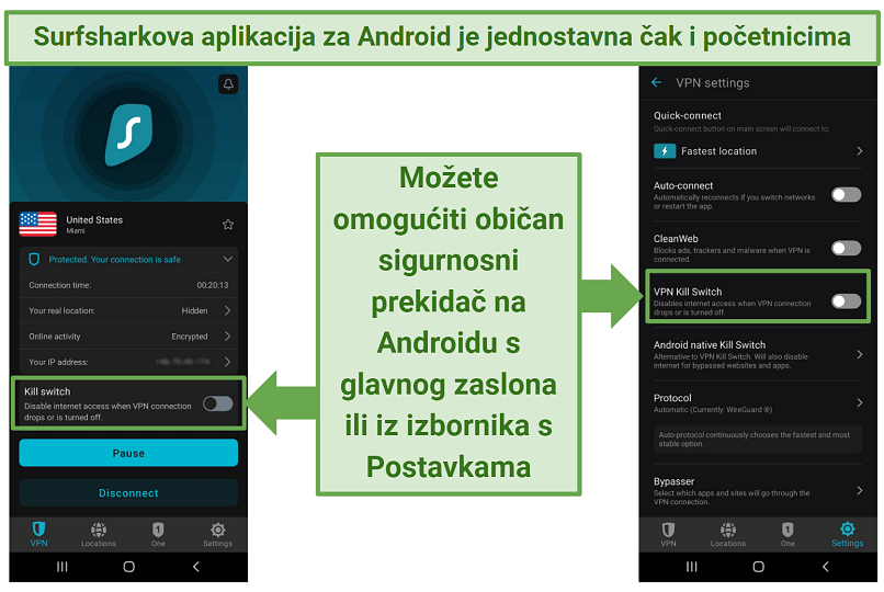A screenshot of Surfshark's Android app showing the kill switch option on the main screen and in the Settings menu