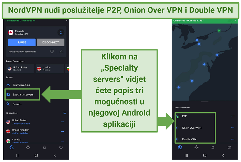 A screenshot of NordVPN's Android app showing the 3 different specialty server options