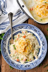 Country Chicken and Biscuits is a classic down-home comfort food dinner! The creamy chicken and vegetables are topped with fluffy, cheesy drop biscuits for a hearty and delicious family-friendly meal. Bake it in a casserole dish and supper is served! Chicken and Biscuits Casserole